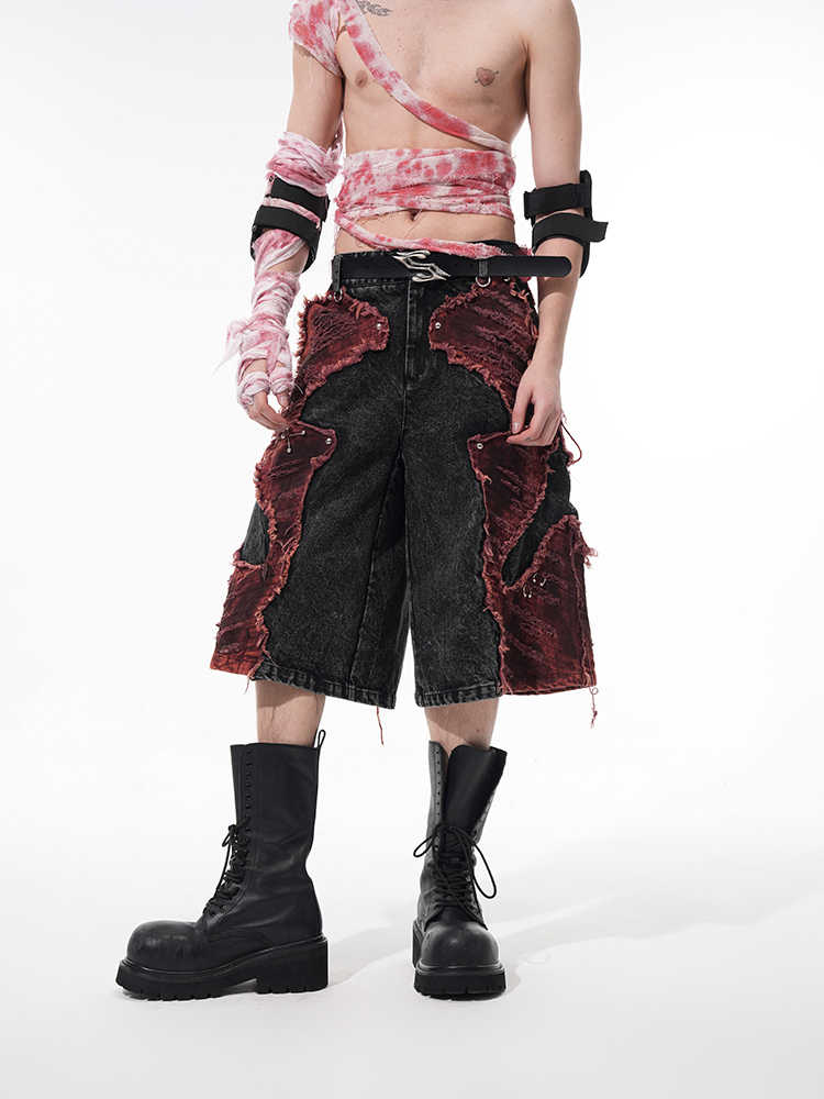 Distressed Brushed Stitching Denim Cropped Pants