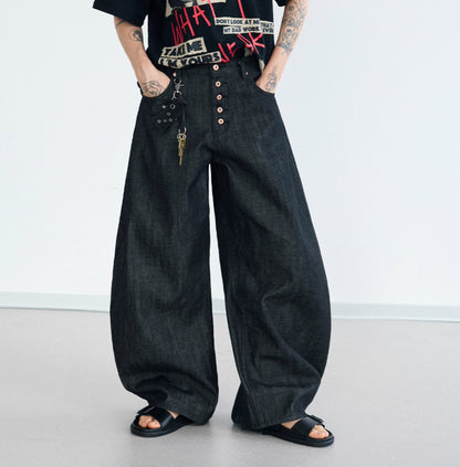 Simple And Versatile Black Raw Denim Wide-leg Jeans