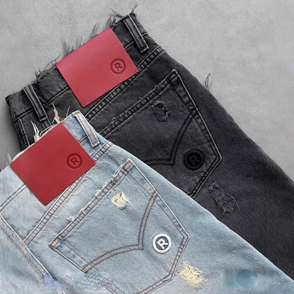 Gothic Style Men's Street Hip-hop Ripped Black Punk Washed Denim Shorts
