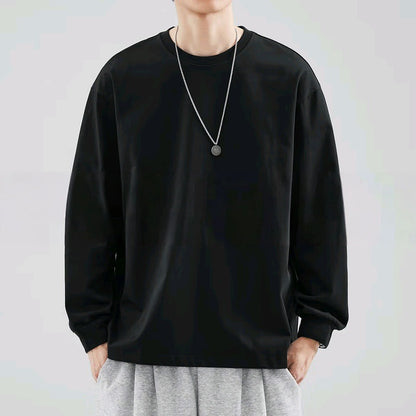 Men's Pure Cotton Thick, Loose-fitting Solid-color Japanese-style Crew-neck Long-sleeve T-shirt
