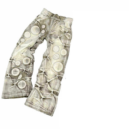 Heavy-wash Faded And Distressed Loose-fit Embroidered Casual Padded Pants