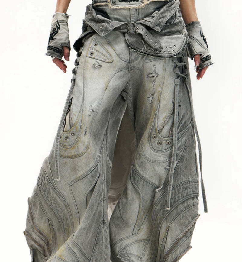 Drawstring Adjustable Silhouette Defining Patchwork Gray Jeans