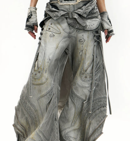 Drawstring Adjustable Silhouette Defining Patchwork Gray Jeans