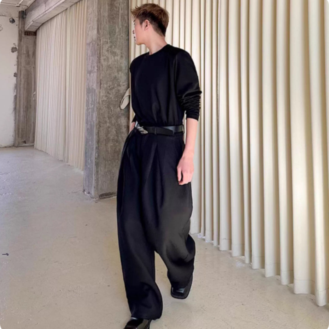 Spring Pleated Semi-Elastic Waist Casual Pants For Men And Women