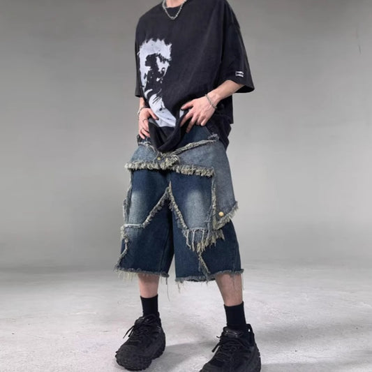 American Retro Frayed Five-pointed Star Denim Shorts Loose
