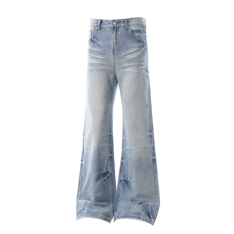 American-style Vintage Washed Distressed High-street Jeans With Whiskering And Creases