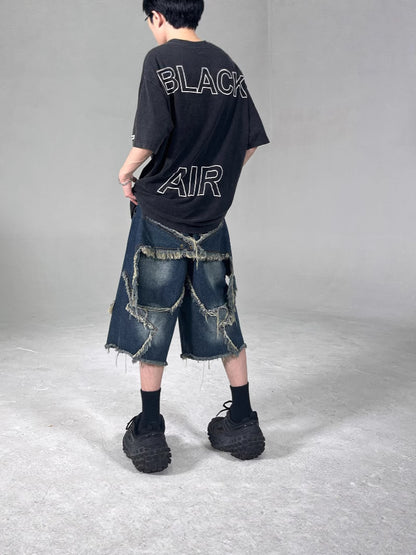 American Retro Frayed Five-pointed Star Denim Shorts Loose