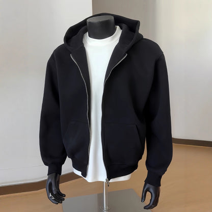 Mens Solid-Color Cardigan Hoodie With Double-Zipper Closure