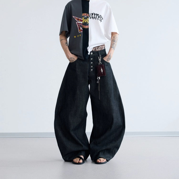 Simple And Versatile Black Raw Denim Wide-leg Jeans