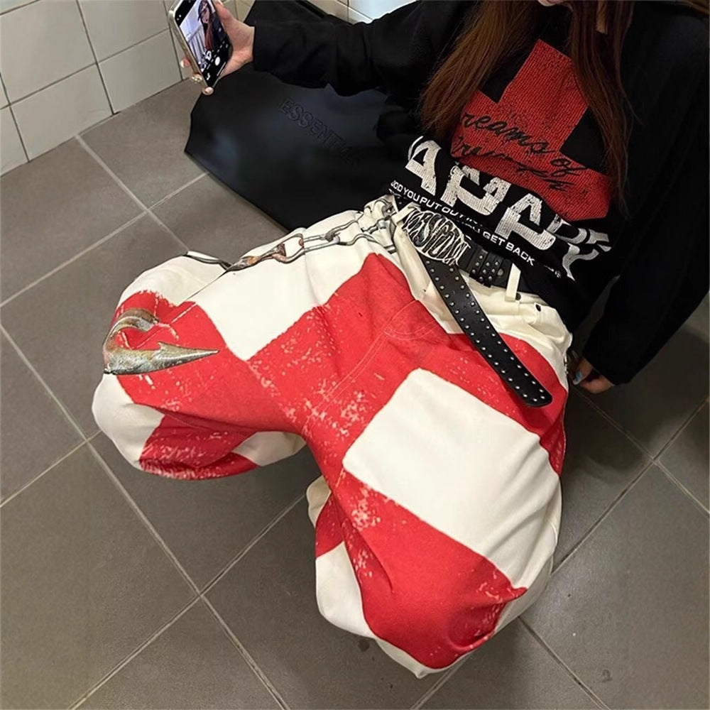 American Retro Heavy-duty Design Graffiti Print Wide-leg Pants