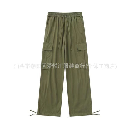 Loose Fitting Casual Straight Leg Cargo Pants With Multiple Pockets And A Drawstring Waist