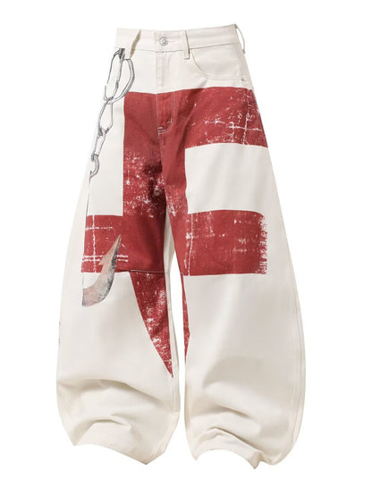 American Retro Heavy-duty Design Graffiti Print Wide-leg Pants