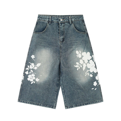 High-street Design Lace Print Slimming Wide-leg Cropped Pants