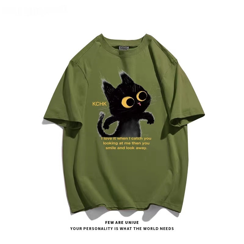 Cute Animal Print Black Cat Loose Fitting Versatile Top For Instagram