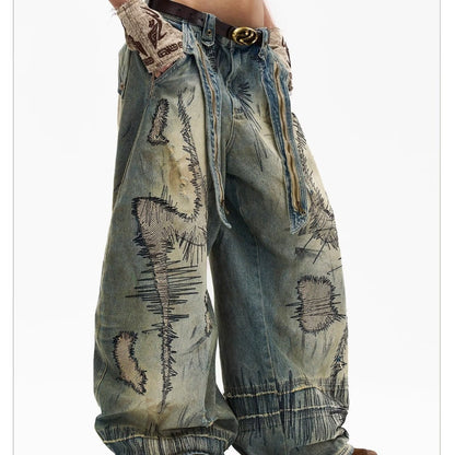 Plus Size American Street Heavy Industry Random Needle Embroidery Stain Jeans