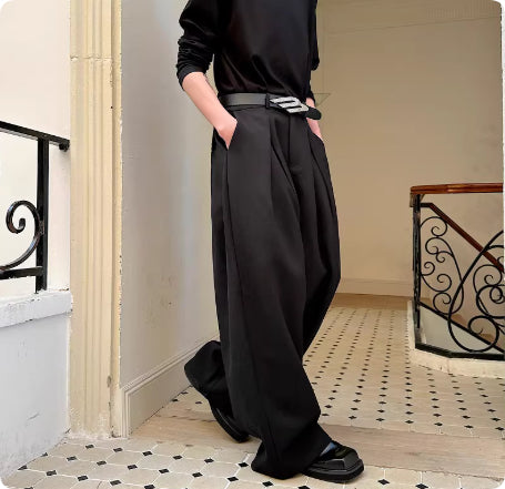 Spring Pleated Semi-Elastic Waist Casual Pants For Men And Women