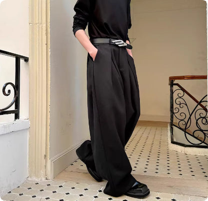 Spring Pleated Semi-Elastic Waist Casual Pants For Men And Women