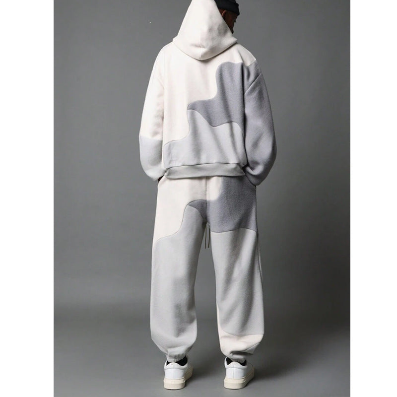 Irregular Patchwork American-Style Retro Unisex Hoodie And Sweatpants Set For Sports