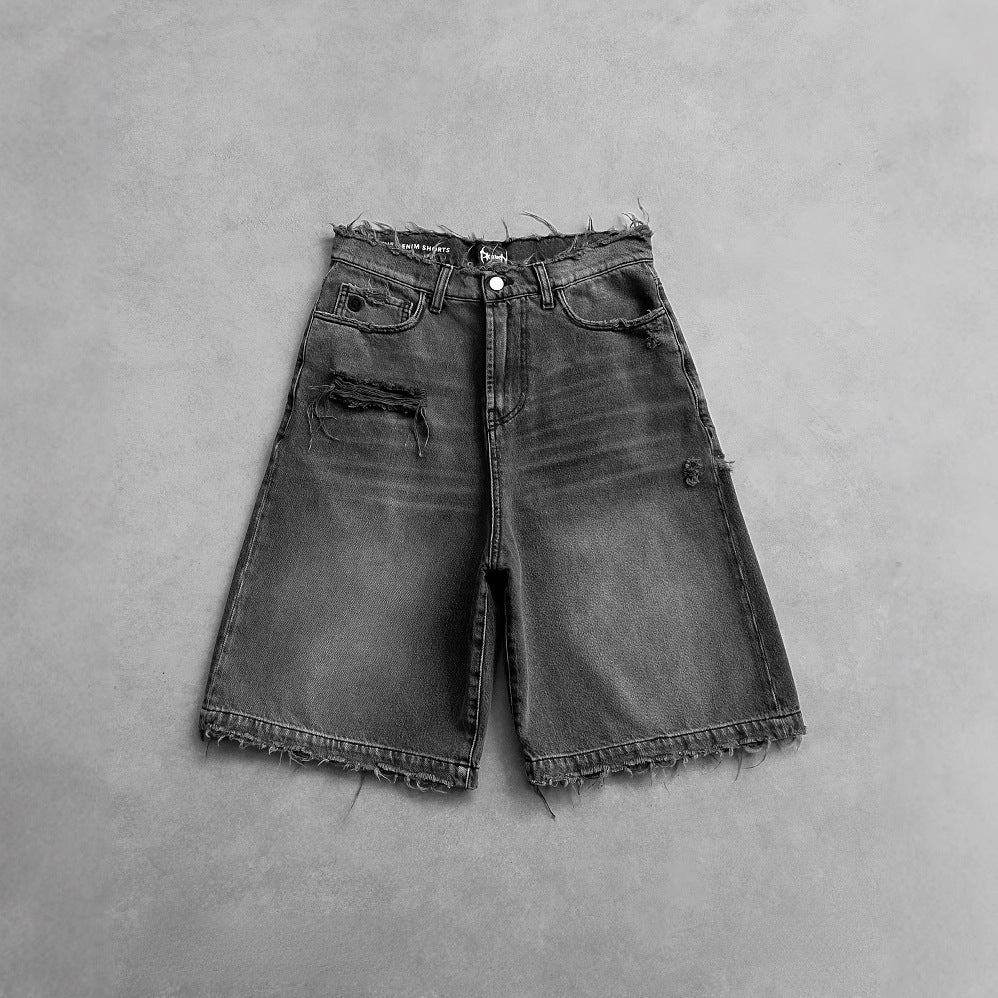 Gothic Style Men's Street Hip-hop Ripped Black Punk Washed Denim Shorts