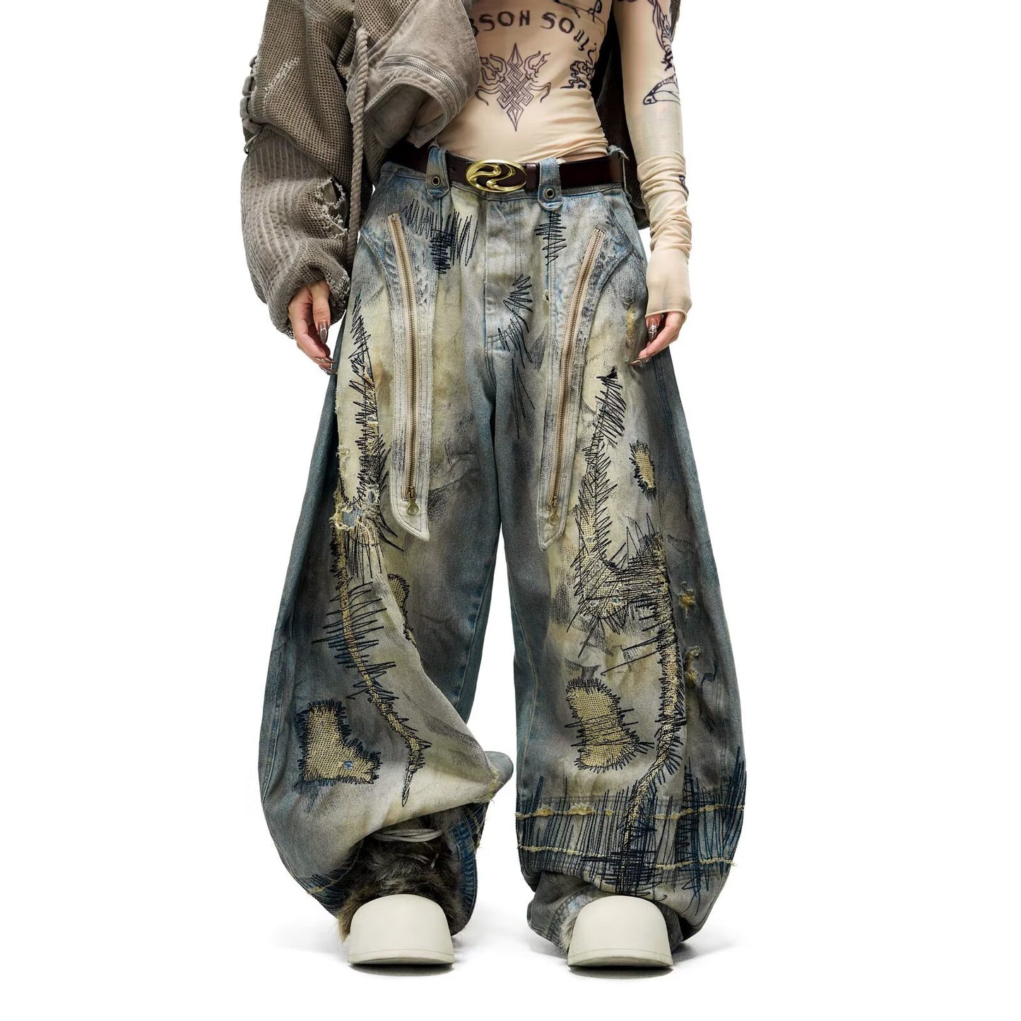Plus Size American Street Heavy Industry Random Needle Embroidery Stain Jeans