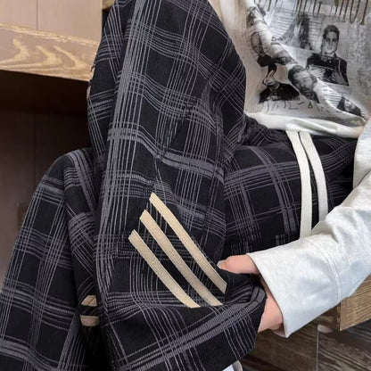 Striped And Plaid Patchwork Versatile Minimalist Straight-leg Wide-leg Sweatpants